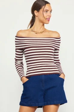 SKIES ARE BLUE Long Sleeve Tops*Off Shoulder Stripped Knit Top Chocolate-cream