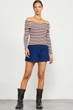 SKIES ARE BLUE Long Sleeve Tops*Off Shoulder Stripped Knit Top Chocolate-cream