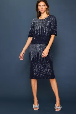 SKIES ARE BLUE Skirts*Ombre Sequin Midi Skirt Navy