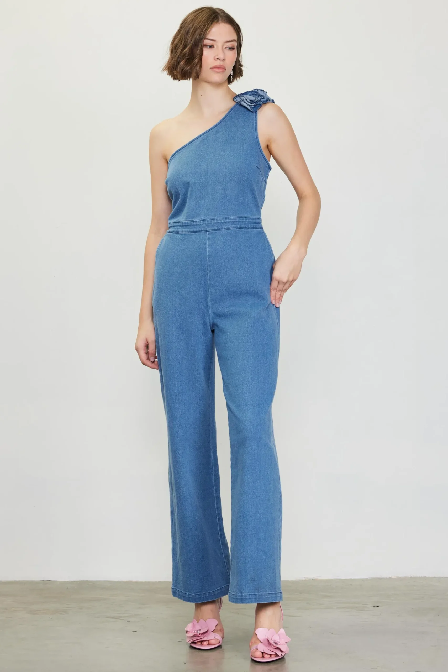 SKIES ARE BLUE Jumpsuits*One Shoulder Denim Jumpsuit with Rosette Bluedenim