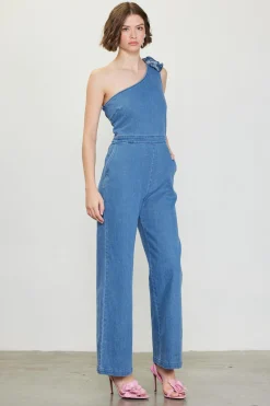 SKIES ARE BLUE Jumpsuits*One Shoulder Denim Jumpsuit with Rosette Bluedenim