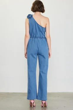 SKIES ARE BLUE Jumpsuits*One Shoulder Denim Jumpsuit with Rosette Bluedenim