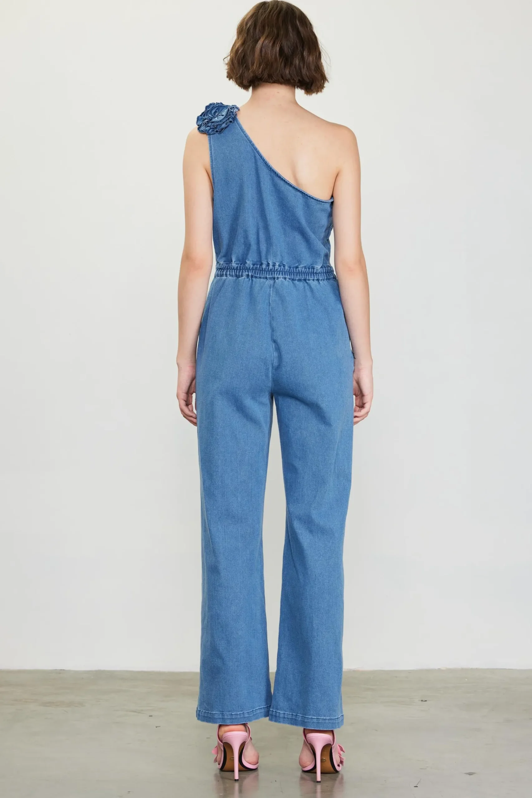 SKIES ARE BLUE Jumpsuits*One Shoulder Denim Jumpsuit with Rosette Bluedenim