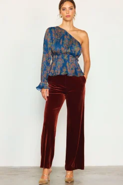 SKIES ARE BLUE Long Sleeve Tops*One Shoulder Pleated Top Teal-mustard