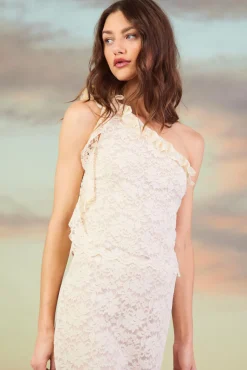 SKIES ARE BLUE Sleeveless Tops*One Shoulder Ruffle Trim Lace Top Ivory