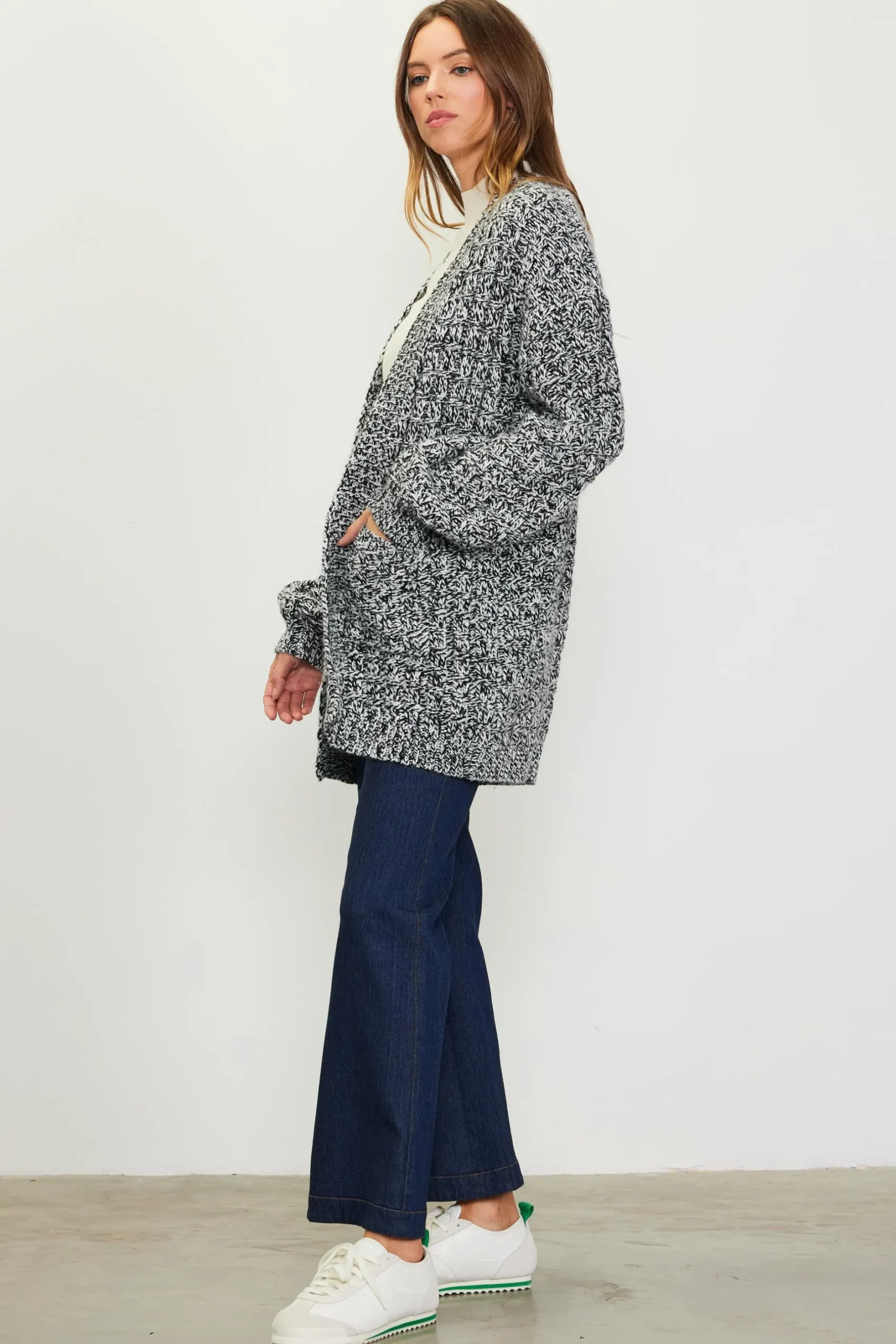 SKIES ARE BLUE Outerwear|Sweaters*Open Front Marled Cardigan Cream-black