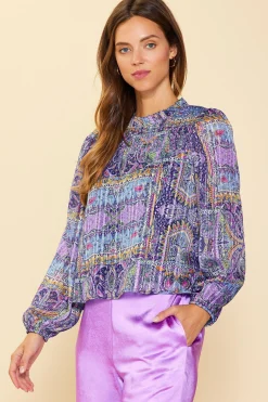 SKIES ARE BLUE Long Sleeve Tops|Blouses*Paisley Motif Smocked Detail Top Lavender-navy