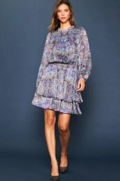 SKIES ARE BLUE Mini Dresses*Paisley Motif Smocked Mini Dress Lavender-navy