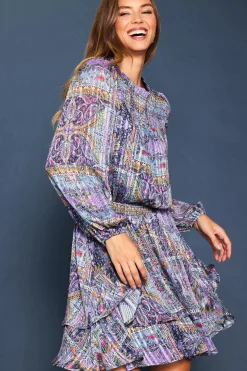SKIES ARE BLUE Mini Dresses*Paisley Motif Smocked Mini Dress Lavender-navy