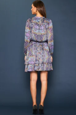 SKIES ARE BLUE Mini Dresses*Paisley Motif Smocked Mini Dress Lavender-navy