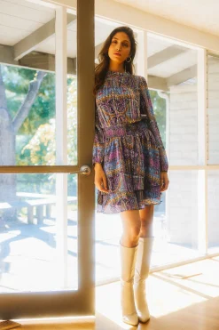 SKIES ARE BLUE Mini Dresses*Paisley Motif Smocked Mini Dress Lavender-navy