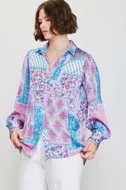 SKIES ARE BLUE Blouses|Long Sleeve Tops*Patch Print Button Down Blouse Turquoise