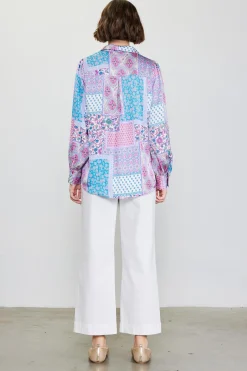 SKIES ARE BLUE Blouses|Long Sleeve Tops*Patch Print Button Down Blouse Turquoise