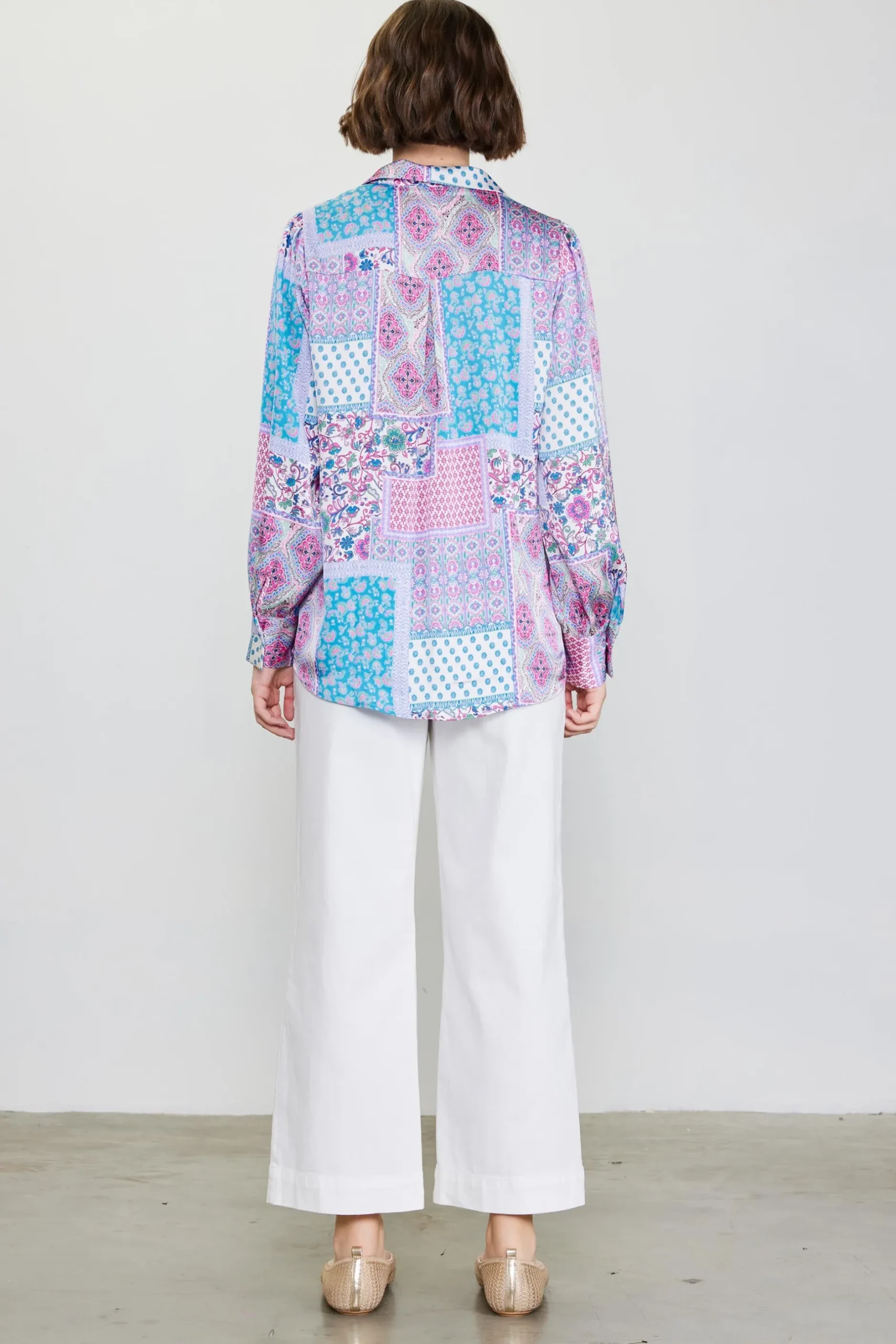 SKIES ARE BLUE Blouses|Long Sleeve Tops*Patch Print Button Down Blouse Turquoise