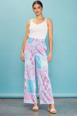 SKIES ARE BLUE Pants*Patch Print Wide-Leg Pants Turquoise