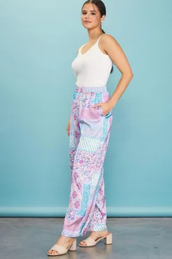 SKIES ARE BLUE Pants*Patch Print Wide-Leg Pants Turquoise