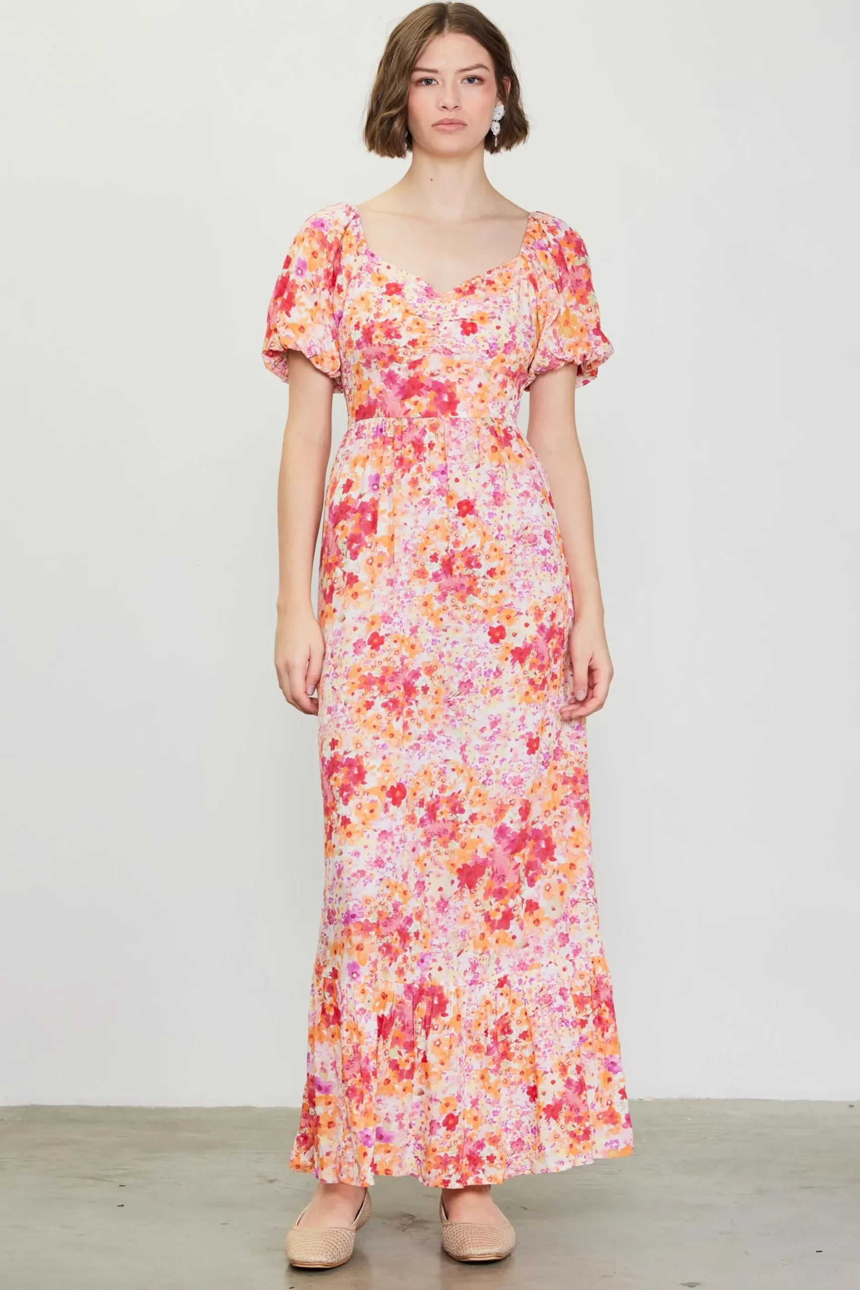 SKIES ARE BLUE Maxi Dresses*Peachy Floral Print Maxi Dress Apricot