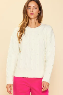 SKIES ARE BLUE Long Sleeve Tops|Sweaters*Pearl Detail Cable Knit Sweater Cream