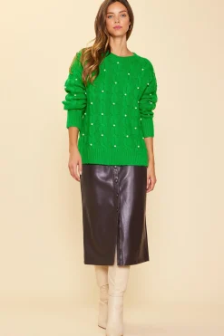 SKIES ARE BLUE Sweaters*Pearl Detail Cable Knit Sweater Spearmint