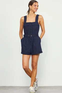 SKIES ARE BLUE Jumpsuits*Pinstripe Buttondown Romper Navy