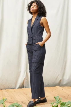 SKIES ARE BLUE Pants*Pinstriped Cargo Wide Leg Pants Navy