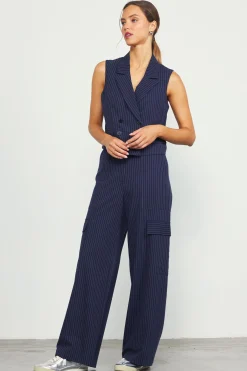 SKIES ARE BLUE Pants*Pinstriped Cargo Wide Leg Pants Navy