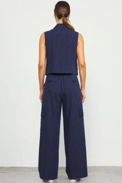SKIES ARE BLUE Pants*Pinstriped Cargo Wide Leg Pants Navy