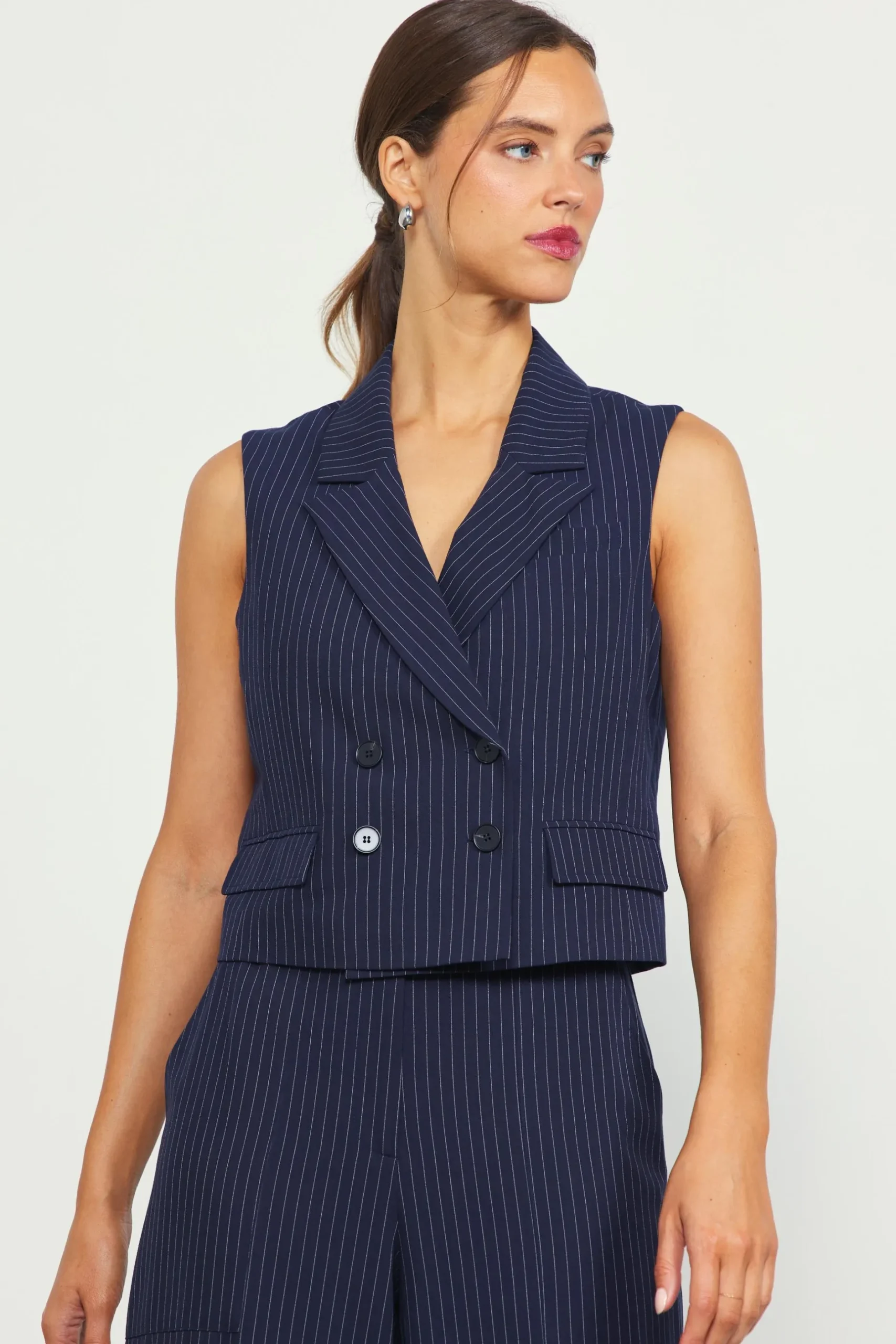 SKIES ARE BLUE Sleeveless Tops*Pinstriped Double Breasted Vest Navy