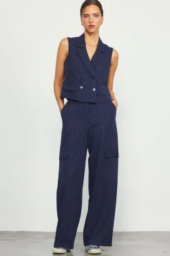 SKIES ARE BLUE Sleeveless Tops*Pinstriped Double Breasted Vest Navy
