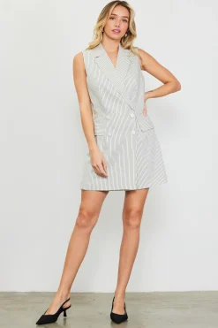 SKIES ARE BLUE Jumpsuits*Pinstriped Double Breasted Romper Ivory-navy