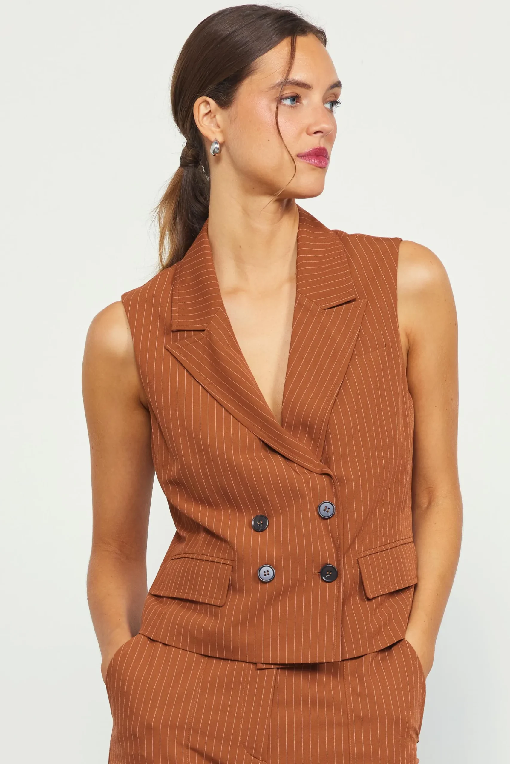 SKIES ARE BLUE Sleeveless Tops*Pinstriped Double Breasted Vest Tuscantan