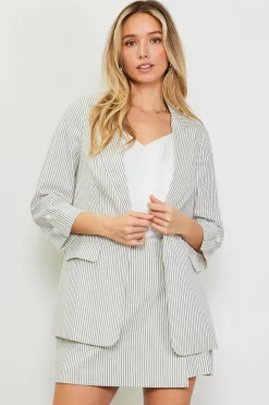 SKIES ARE BLUE Blazers*Pinstriped Rolled Sleeve Blazer Ivory-navy