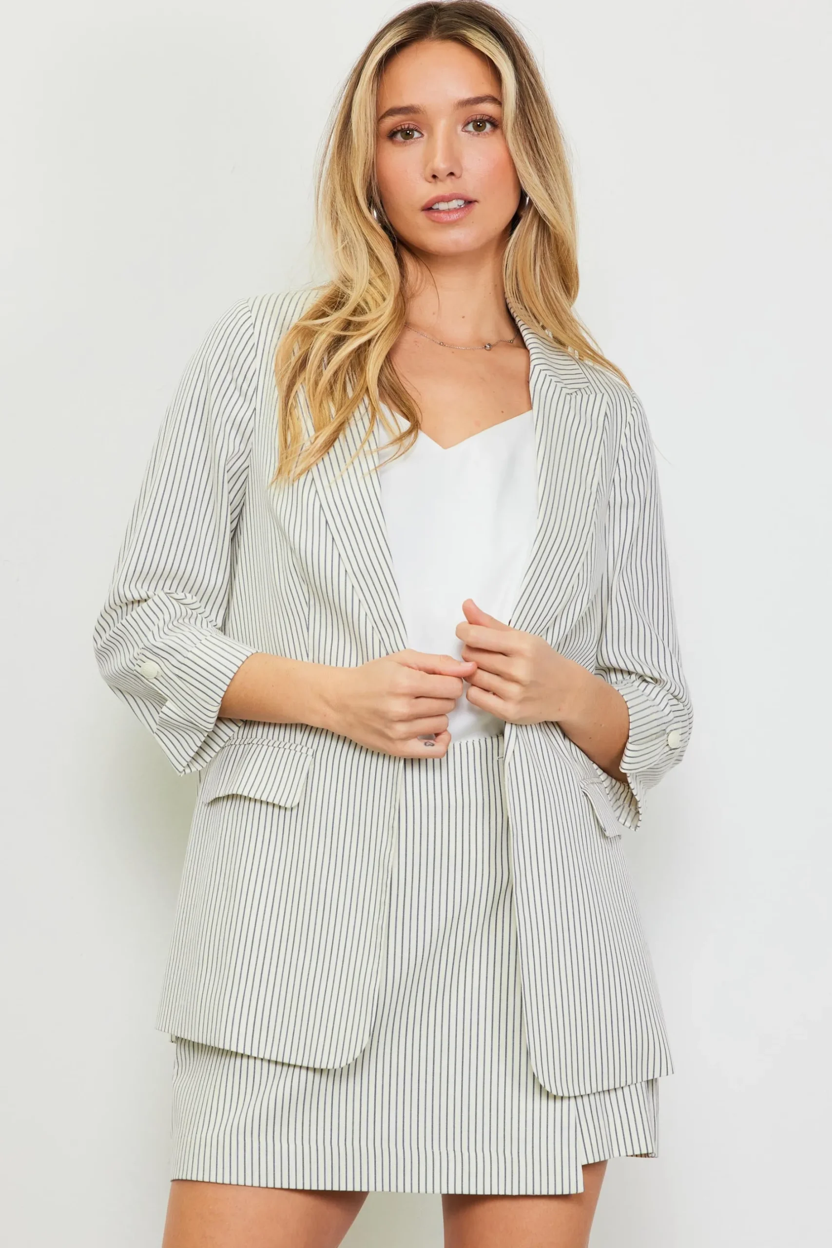 SKIES ARE BLUE Blazers*Pinstriped Rolled Sleeve Blazer Ivory-navy