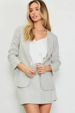 SKIES ARE BLUE Blazers*Pinstriped Shirred Sleeve Blazer Ivory-navy