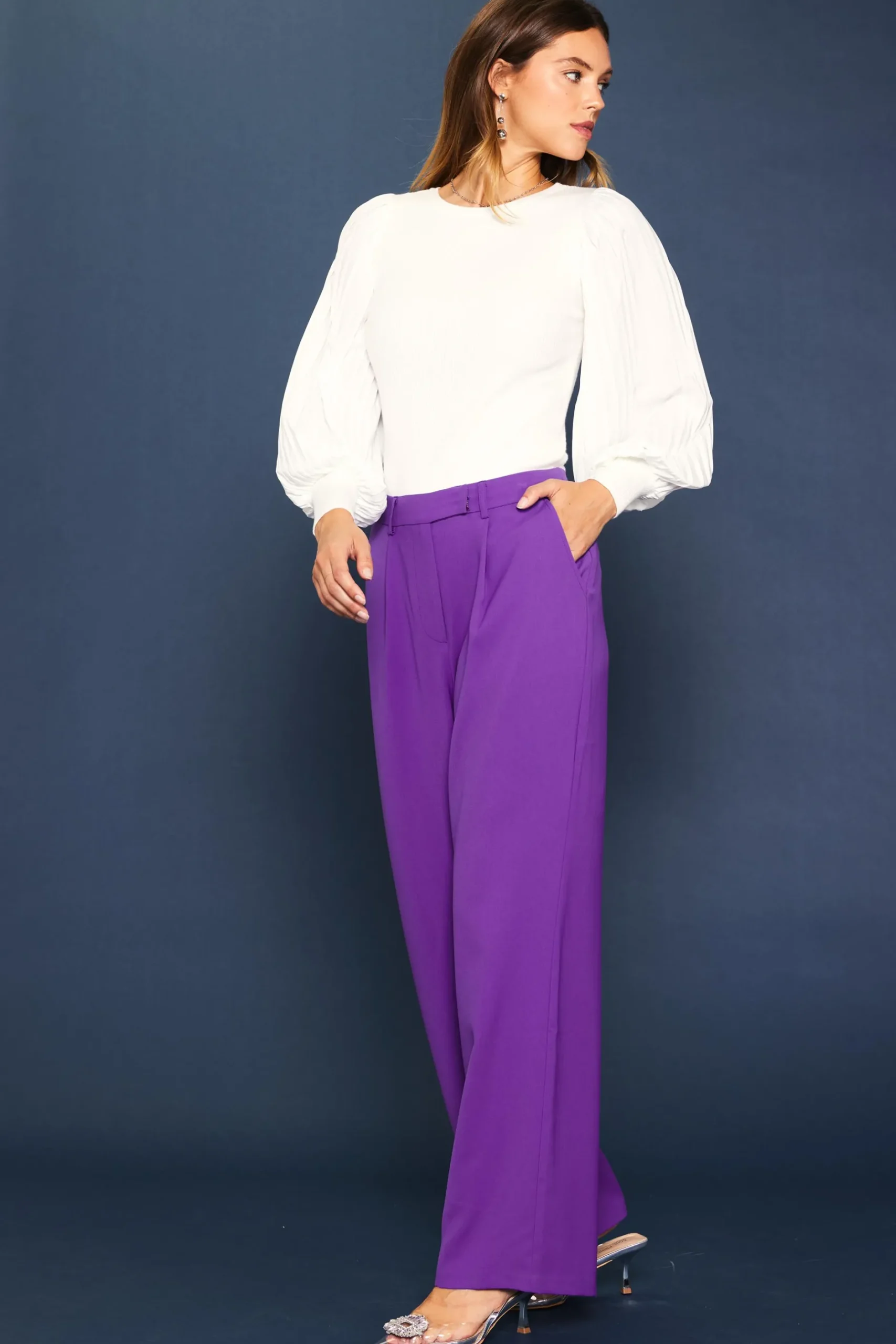 SKIES ARE BLUE Pants*Pintuck Wide Leg Trousers Grape
