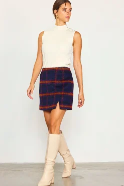 SKIES ARE BLUE Skirts*Plaid Front Slit Mini Skirt Navy-teal