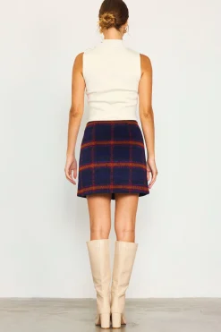 SKIES ARE BLUE Skirts*Plaid Front Slit Mini Skirt Navy-teal