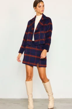 SKIES ARE BLUE Outerwear|Blazers*Plaid Moto Jacket Navy-teal
