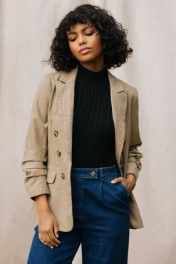 SKIES ARE BLUE Blazers*Plaid Ruched Sleeve Tailored Blazer Brown