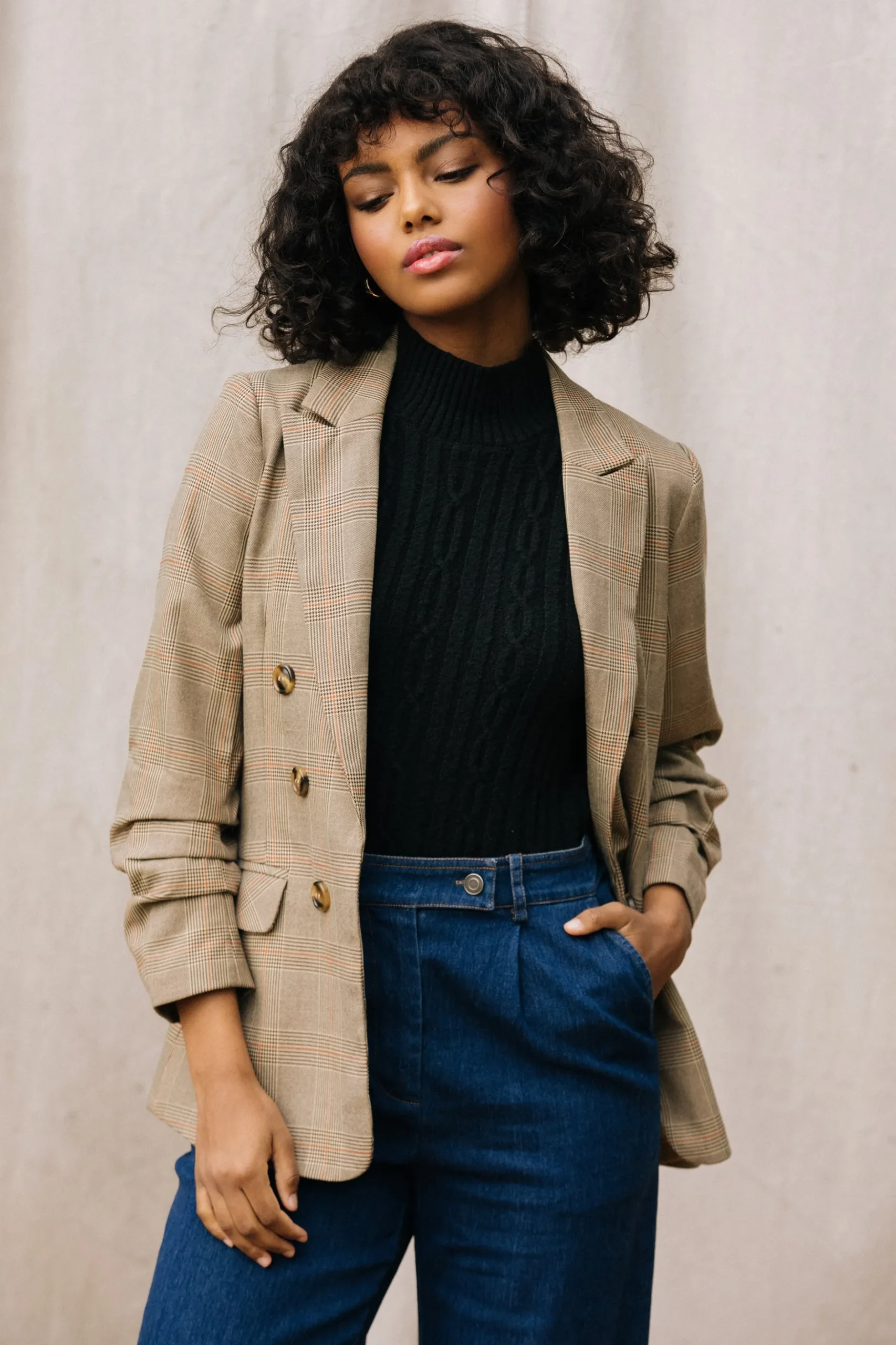 SKIES ARE BLUE Blazers*Plaid Ruched Sleeve Tailored Blazer Brown