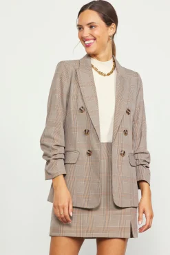 SKIES ARE BLUE Blazers*Plaid Ruched Sleeve Tailored Blazer Brown