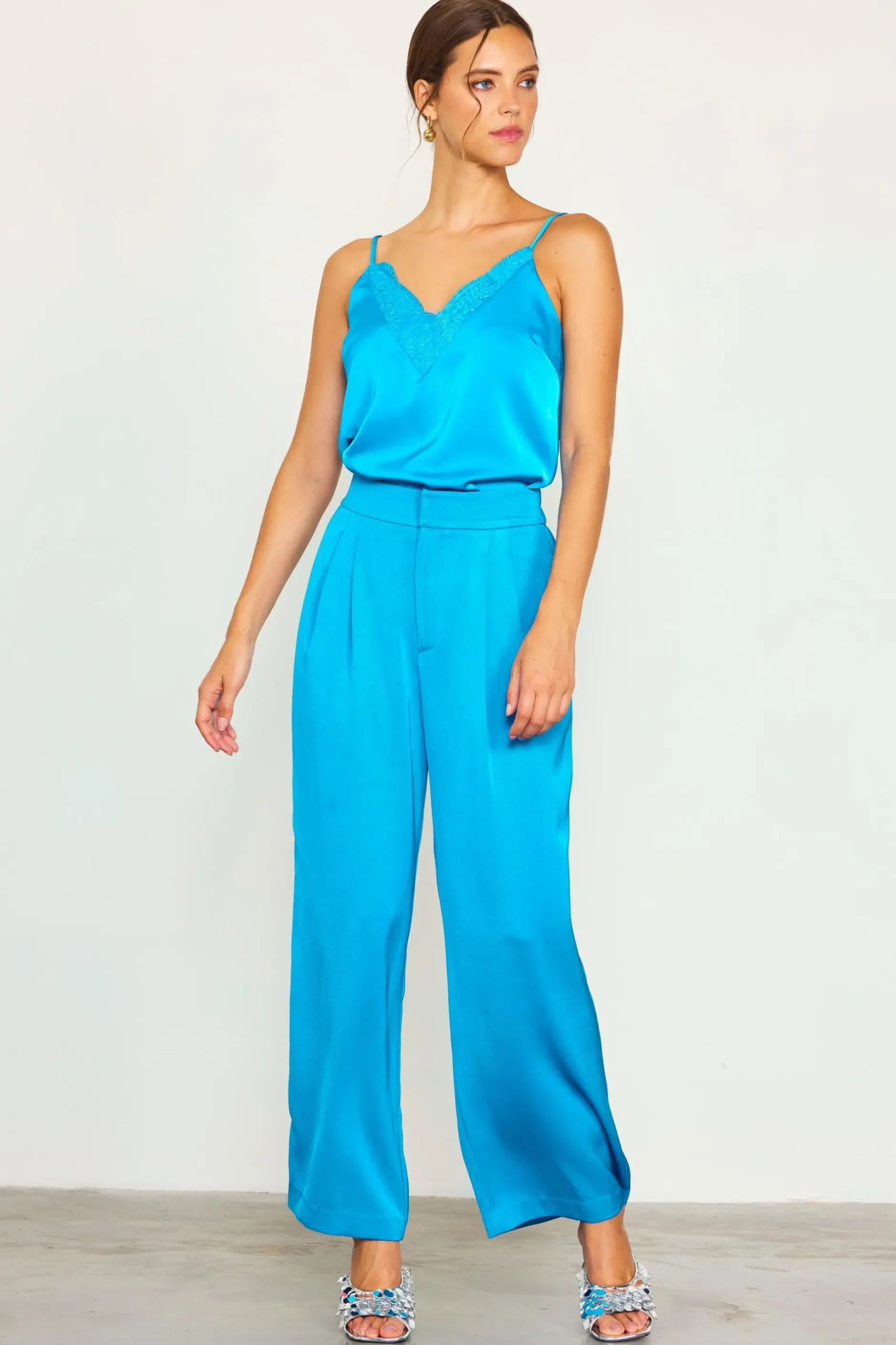 SKIES ARE BLUE Pants*Pleat Wide Leg Trousers Turquoise