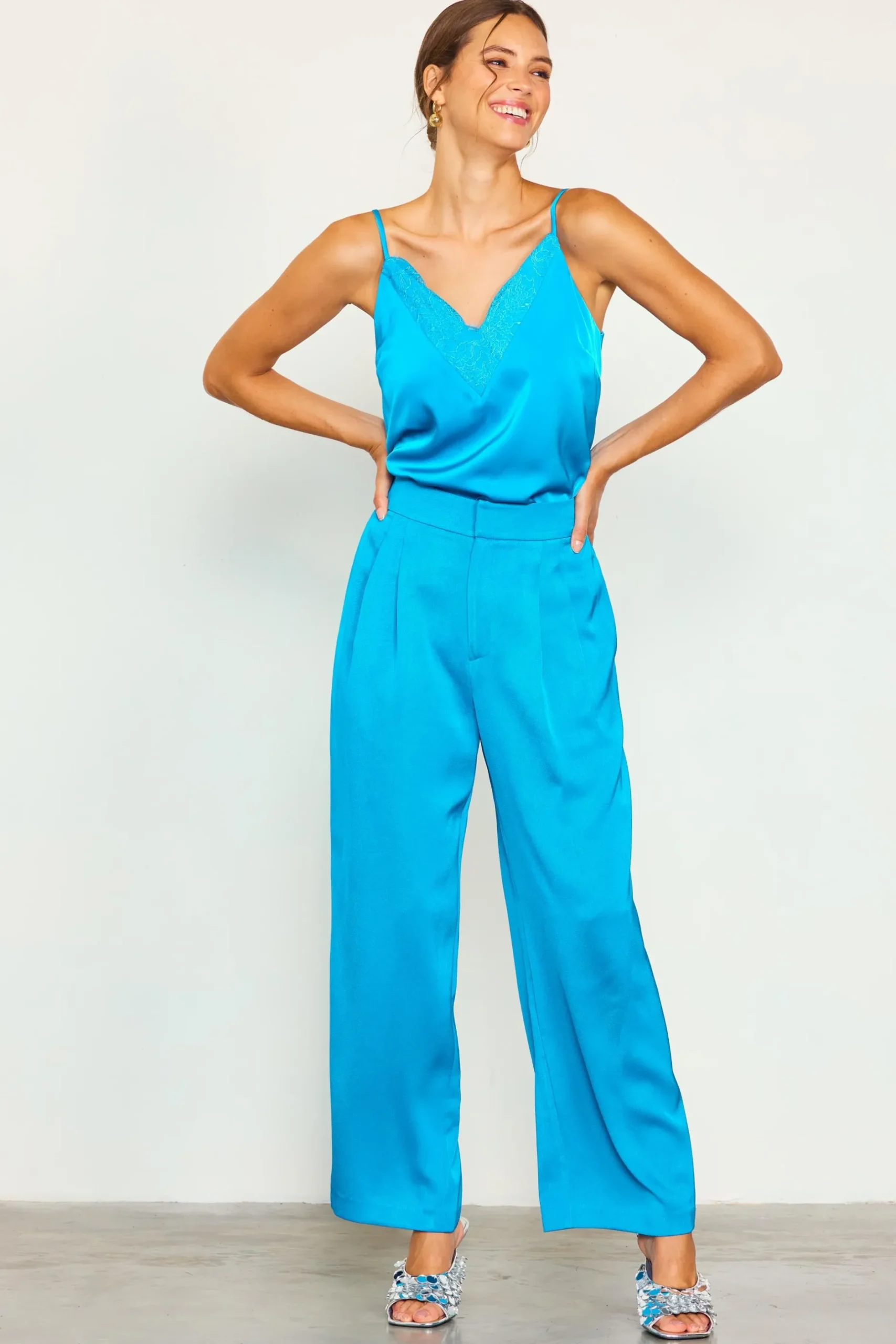 SKIES ARE BLUE Pants*Pleat Wide Leg Trousers Turquoise