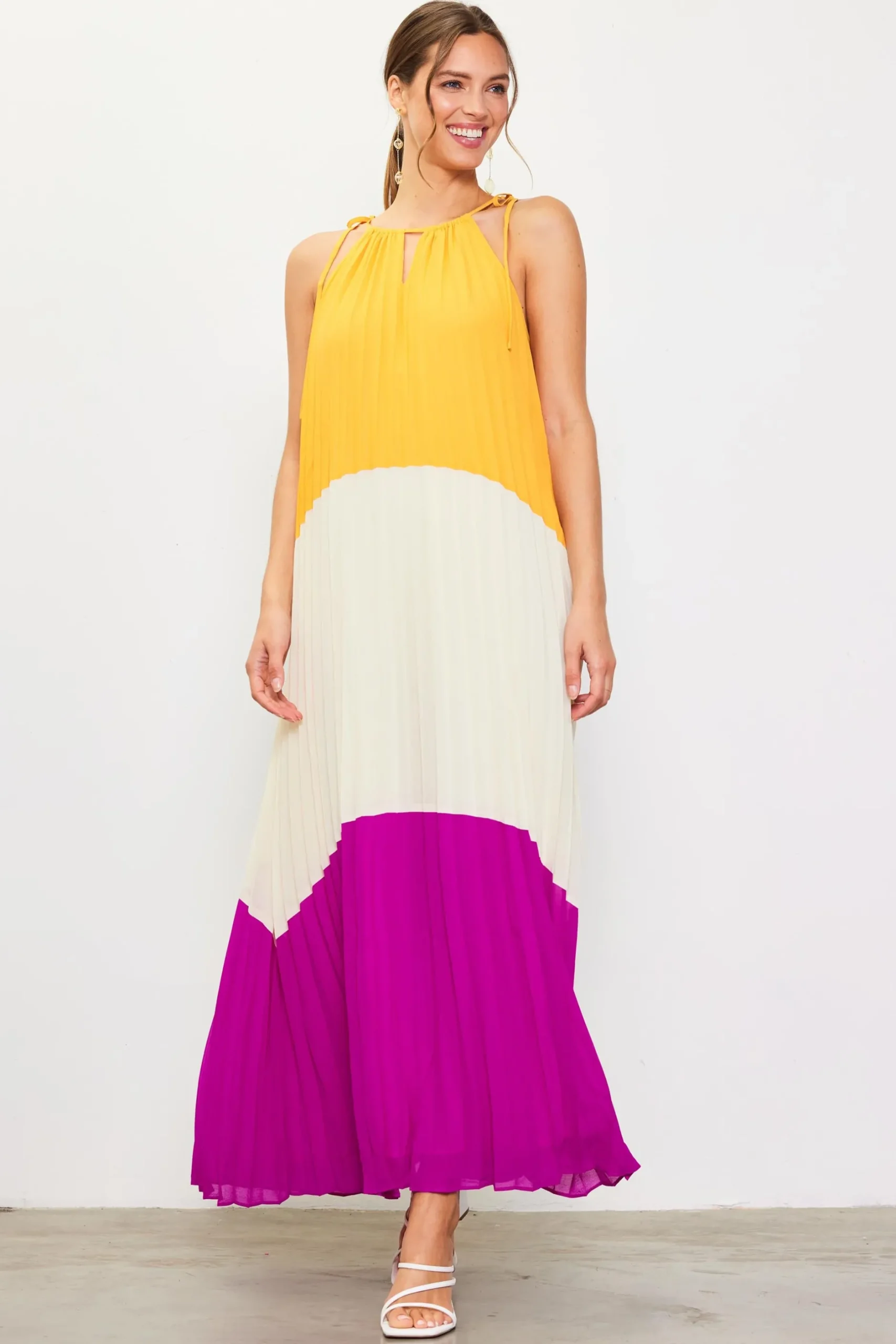 SKIES ARE BLUE Maxi Dresses*Pleated Color Block Maxi Dress Mangoorchid