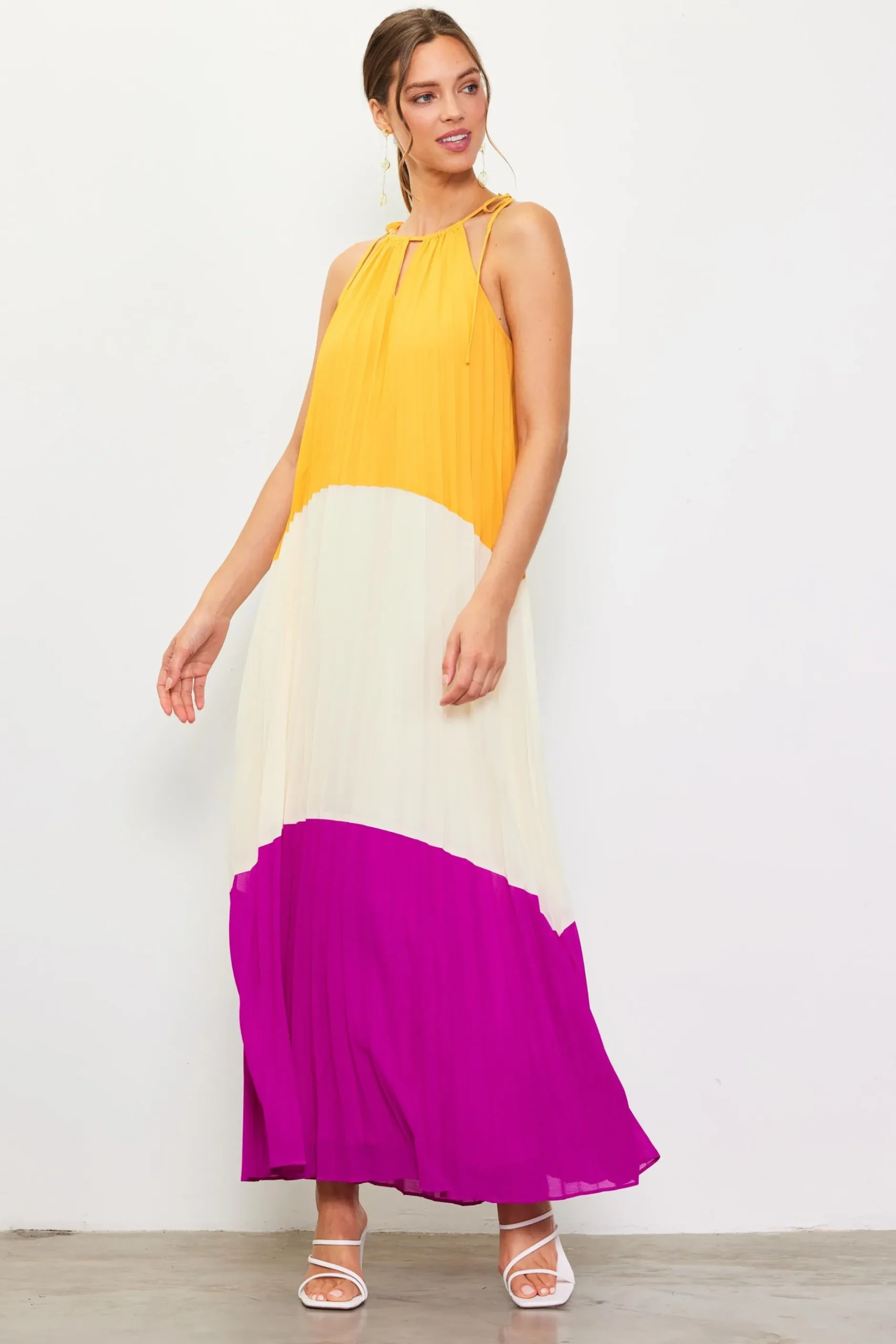 SKIES ARE BLUE Maxi Dresses*Pleated Color Block Maxi Dress Mangoorchid