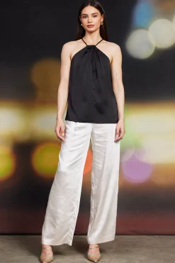 SKIES ARE BLUE Sleeveless Tops*Pleated Detailing Halter Top Black