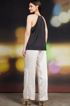 SKIES ARE BLUE Sleeveless Tops*Pleated Detailing Halter Top Black