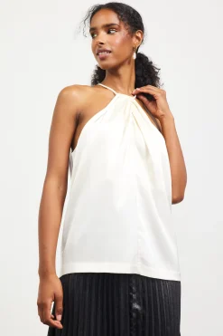 SKIES ARE BLUE Sleeveless Tops*Pleated Detailing Halter Top Cream