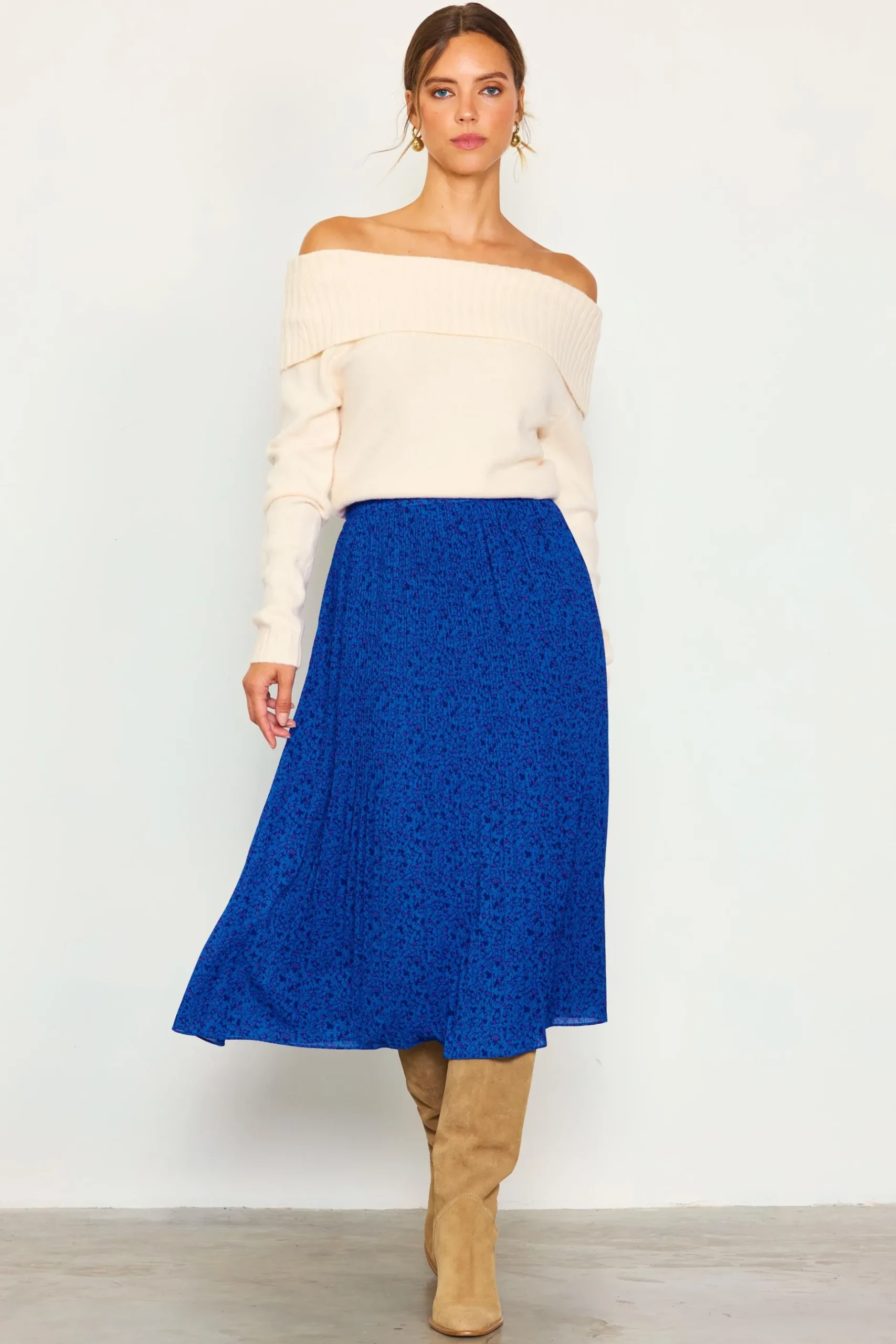 SKIES ARE BLUE Skirts*Pleated Floral Midi Skirt Cobalt