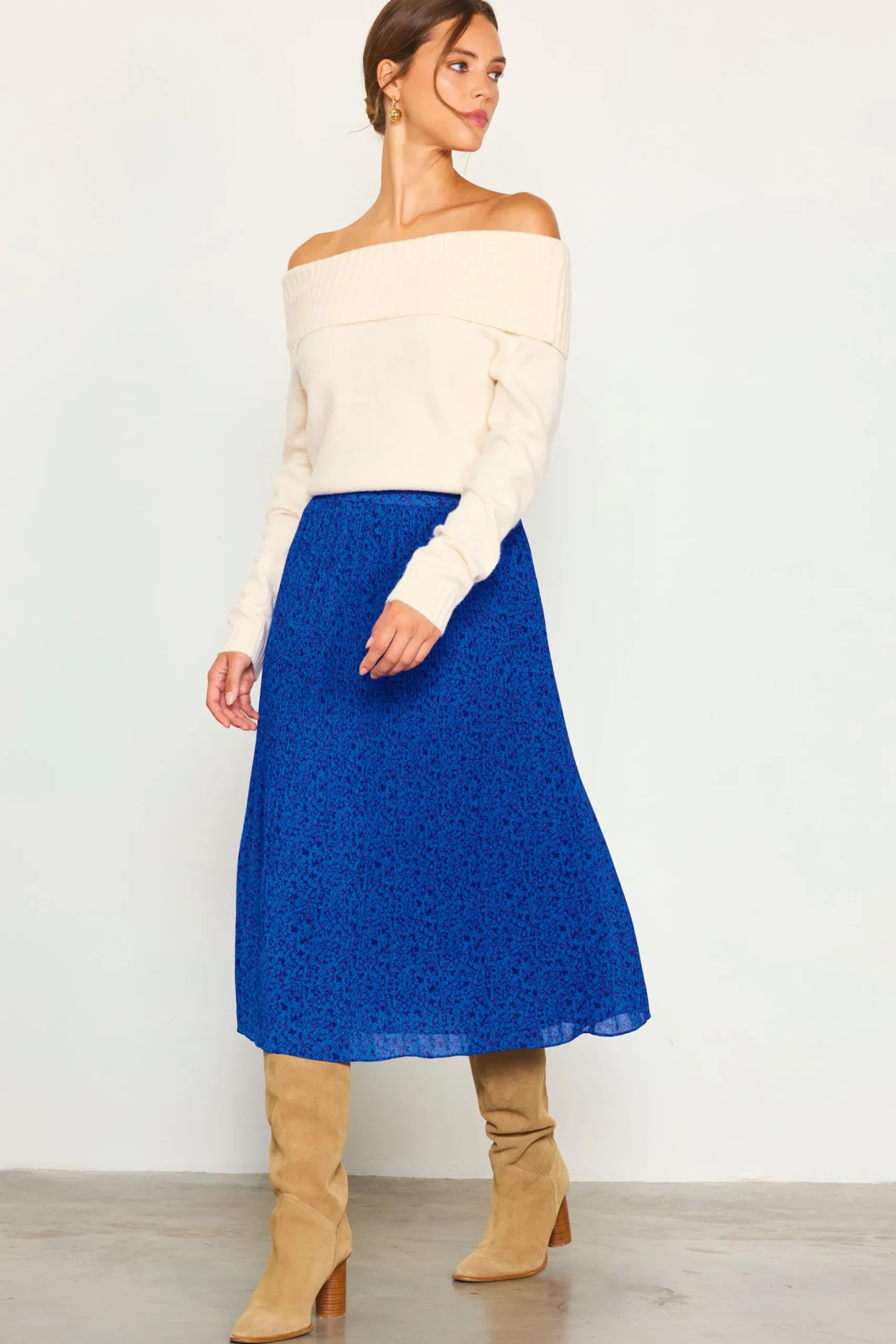 SKIES ARE BLUE Skirts*Pleated Floral Midi Skirt Cobalt